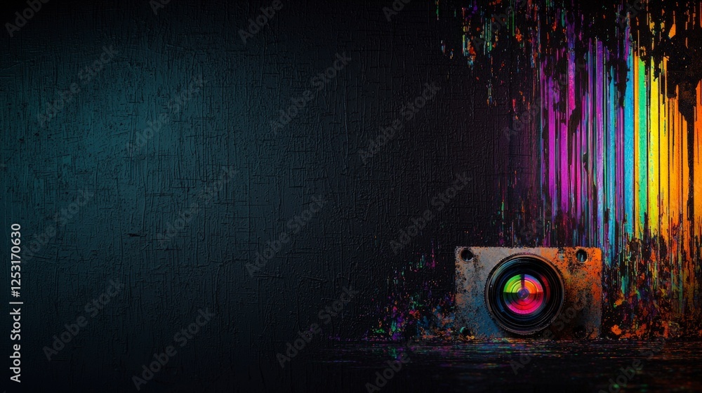 Obraz premium Abstract Camera Lens with Colorful Light Streaks and Dark Background