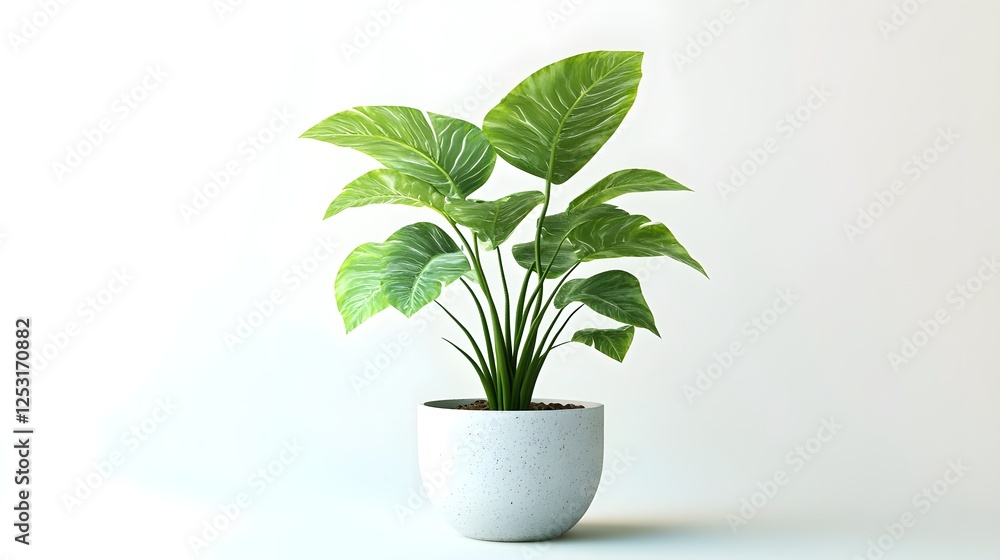 Obraz premium Lush Green Houseplant in White Ceramic Pot on Minimal White Background