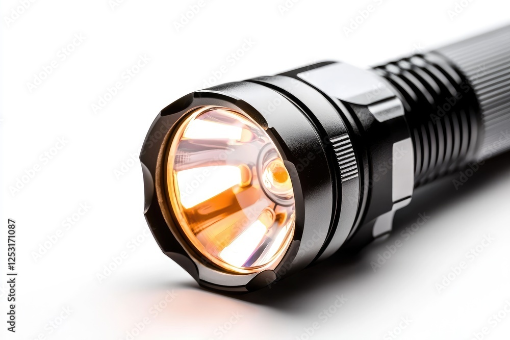 High-Power Flashlight with Bright LED Light Source on a White Background for Outdoor and Emergency Use, Featuring Durable Aluminum Body and Focused Beam High-Power Flashlight with Bright LED Light Source on a White Background for Outdoor and Emergency Use, Featuring Durable Aluminum Body and Focused Beam