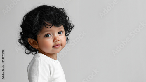 Süßes Kleinkind mit lockigen Haaren in weißem Shirt. Nahaufnahme mit neugierigem Gesichtsausdruck vor neutralem Hintergrund im Studiostil photo