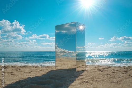 Reflective Monolith on a Sunny Beach Minimalist Seascape with Mirror