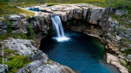  waterfall cascading into a deep blue pool
