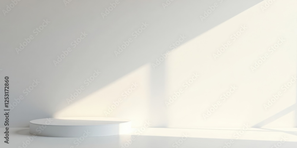 Fototapeta premium A minimalist white circular pedestal in a sunlit room with a blank wall, ideal for product display or presentation.