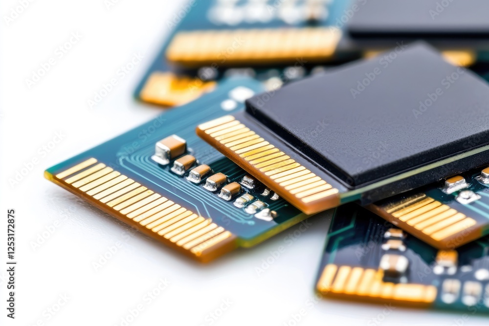 Close-up of Multiple Memory Module Chips with Gold Connectors on Light Background for Technology and Electronics Themes Close-up of Multiple Memory Module Chips with Gold Connectors on Light Background for Technology and Electronics Themes
