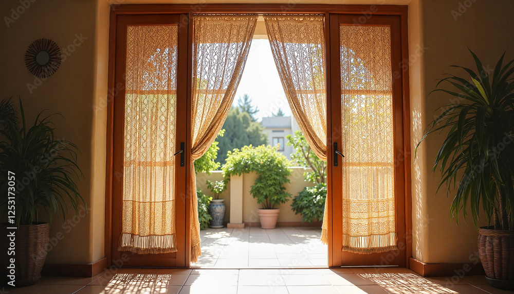 Fototapeta premium Elaborate macrame curtain, breezy patio doorway, frontal view, late afternoon light