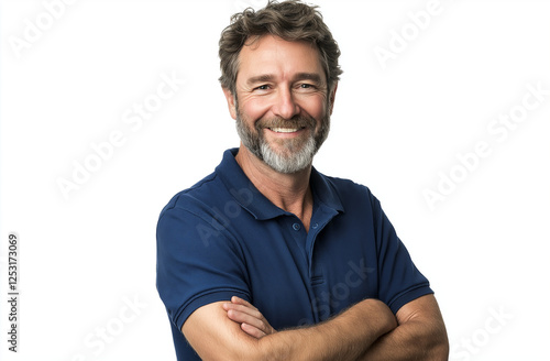 Portrait of a happy, smiling bearded man wearing a blue polo shirt, standing confidently with arms crossed against a white background, exuding a friendly and approachable demeanor
