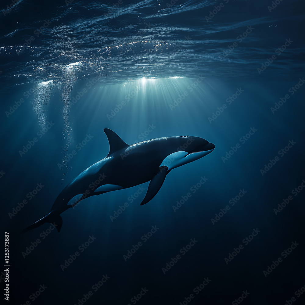 Fototapeta premium A solitary orca glides through dark ocean waters, illuminated by beams of sunlight breaking through the surface. This stunning underwater scene captures the beauty of marine life.