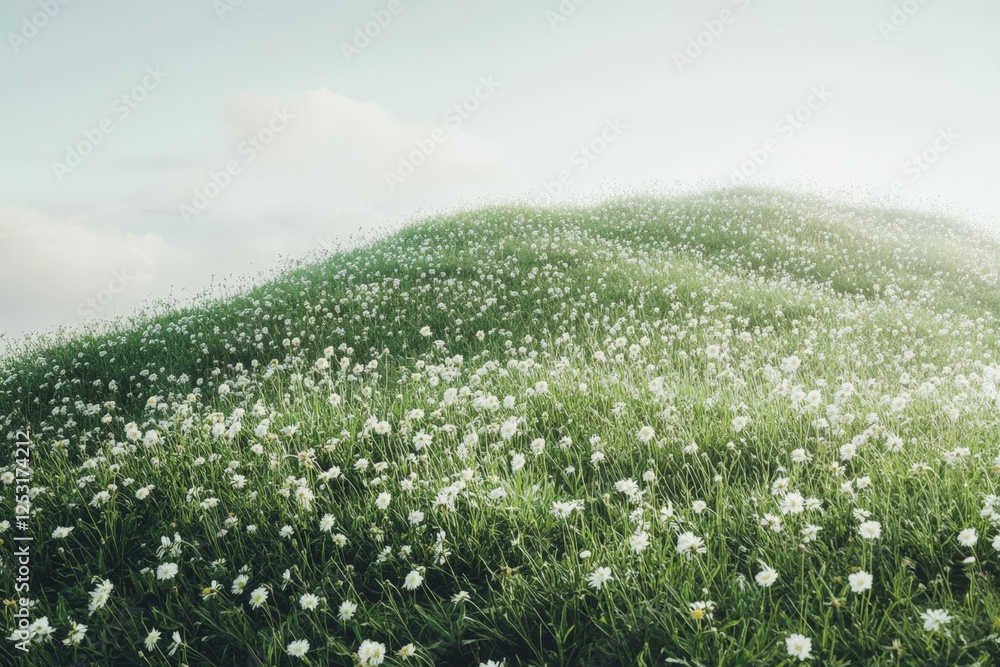 A tranquil grassy hilltop covered with countless small white flowers, stretching towards a soft, cloudy sky, creating a calm and dreamy springtime atmosphere A tranquil grassy hilltop covered with countless small white flowers, stretching towards a soft, cloudy sky, creating a calm and dreamy springtime atmosphere