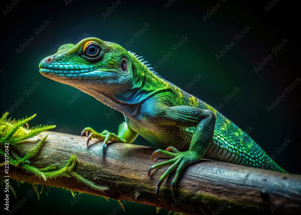 Fototapeta premium Surreal Night Garden Lizard: Side Profile on Twig, Green & Black Background