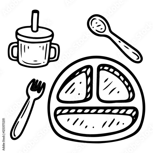 Set of children's dishes. Hand drawn doodle. Special safe tableware for baby food. Plate, spill-proof cup, fork, spoon. Childhood. Vector line art illustration.