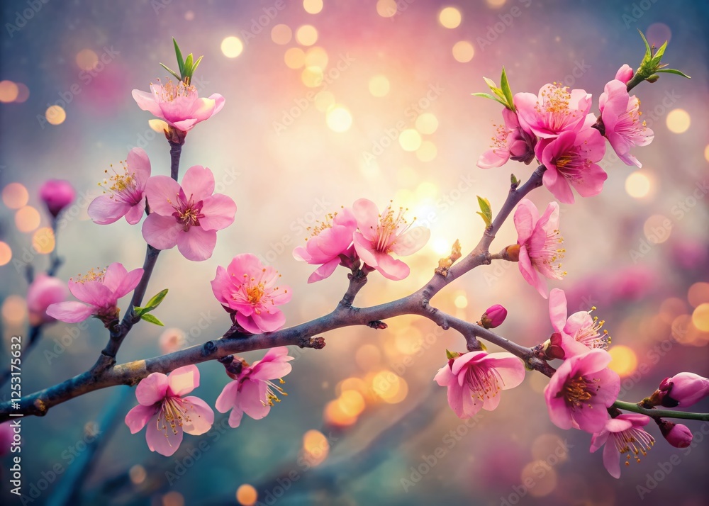 Surreal Peach Blossom: Dreamlike Pink Flowers & Twisted Branches Surreal Peach Blossom: Dreamlike Pink Flowers & Twisted Branches