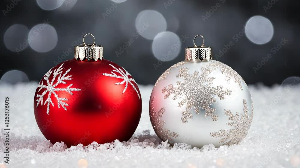 Bright red and silver Christmas ornaments on snow with festive bokeh ...