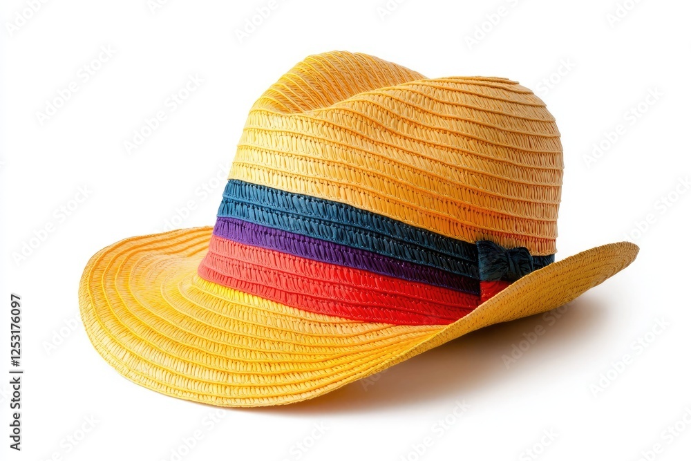 Vibrant Yellow Straw Hat with Multicolored Bands Ideal for Summer Fashion, Outdoor Activities, Beach Trip, and Picnics, Stylish Accessory for Sun Protection Vibrant Yellow Straw Hat with Multicolored Bands Ideal for Summer Fashion, Outdoor Activities, Beach Trip, and Picnics, Stylish Accessory for Sun Protection