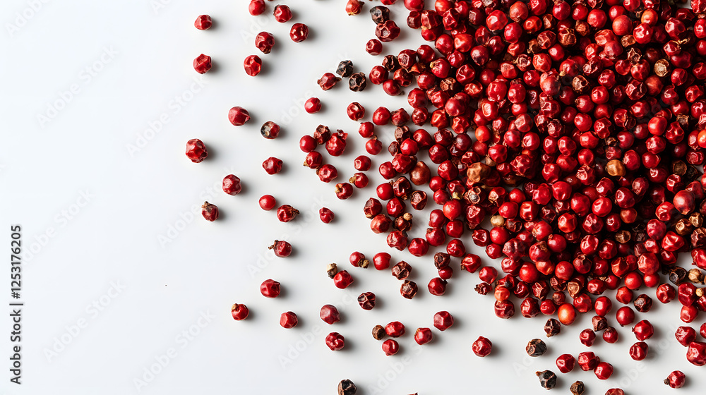 A close-up of scattered Szechuan peppercorns on a white background, with their vibrant red color and fine texture visible. A close-up of scattered Szechuan peppercorns on a white background, with their vibrant red color and fine texture visible.