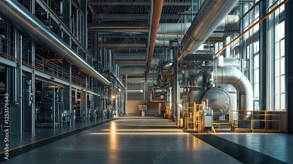 Spacious Industrial Facility: Large Factory with Pipes and Air Ducts, Flooded with Natural Light Spacious Industrial Facility: Large Factory with Pipes and Air Ducts, Flooded with Natural Light