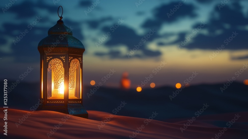 Fototapeta premium Lantern glowing in the desert night sky, perfect for ramadan kareem celebrations, capturing the serenity and warmth of the holy month against a starlit landscape 