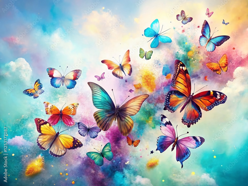 Surreal Spring Butterfly Migration: Watercolor Wings Flutter on White Surreal Spring Butterfly Migration: Watercolor Wings Flutter on White