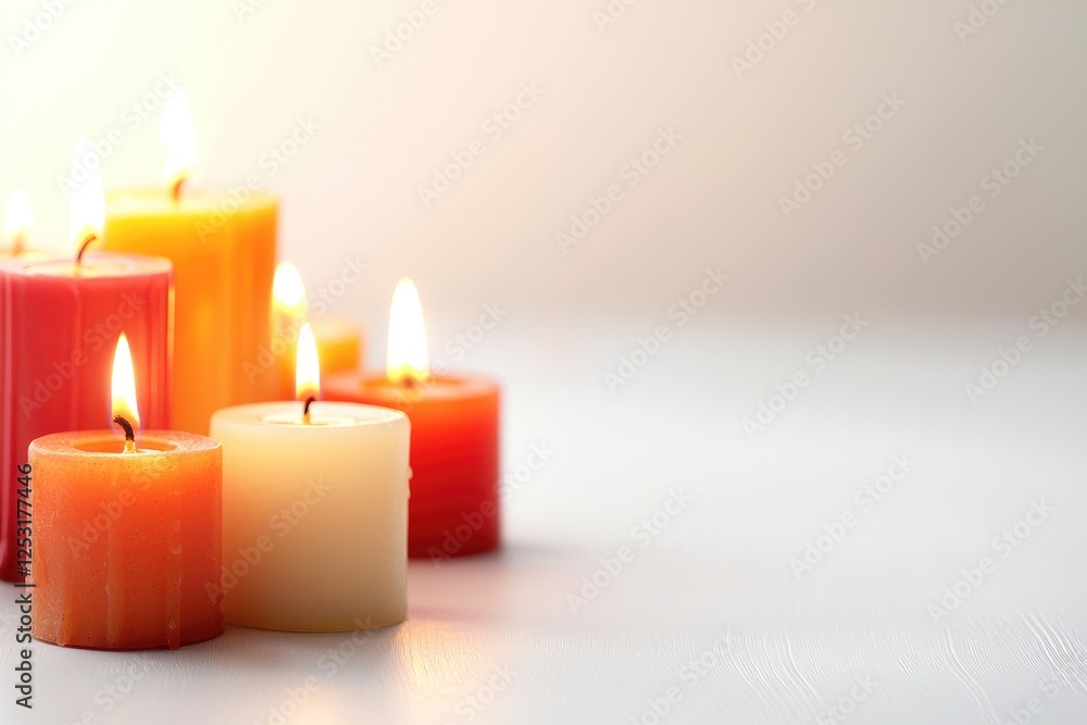 A Set of Vibrant Scented Candles on a Bright Wooden Surface Creating a Warm and Inviting Atmosphere for Relaxation and Meditation Purposes A Set of Vibrant Scented Candles on a Bright Wooden Surface Creating a Warm and Inviting Atmosphere for Relaxation and Meditation Purposes