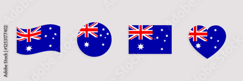 Australia flag vector set. Australian official symbols collection. Web, national, travel, patriotic design elements. Geometric shapes. rectangle, round, love heart and waved flagstaff isolated icons.