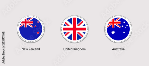 The United Kingdom, Australia, New Zealand flag round isolated icons vector illustration. Traditional national emblems signs. Official symbols stickers set with state name. UK markers badges.