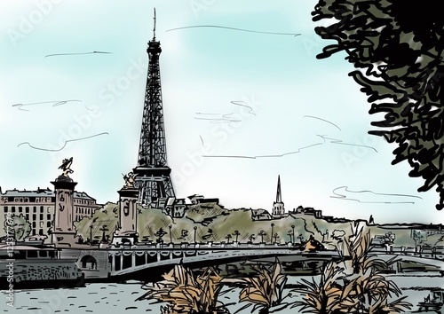Seine river and Eiffel tower in Paris, France. Black and white hand drawn illustration.