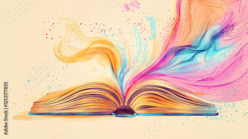 Vibrant artistic open book with colorful smoke-like energy rising from its pages symbolizing creativity  
