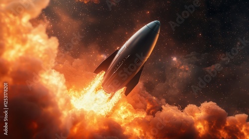 Fototapeta Naklejka Na Ścianę i Meble -  Futuristic spacecraft rises from flames in a dramatic scene. Fire with futuristic element.