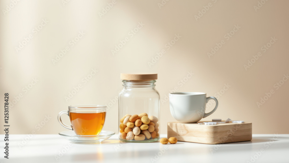 Magnesium Glycinate supplement paired with tea and nuts on a wooden surface for a healthy snack display. Magnesium Glycinate supplement paired with tea and nuts on a wooden surface for a healthy snack display.
