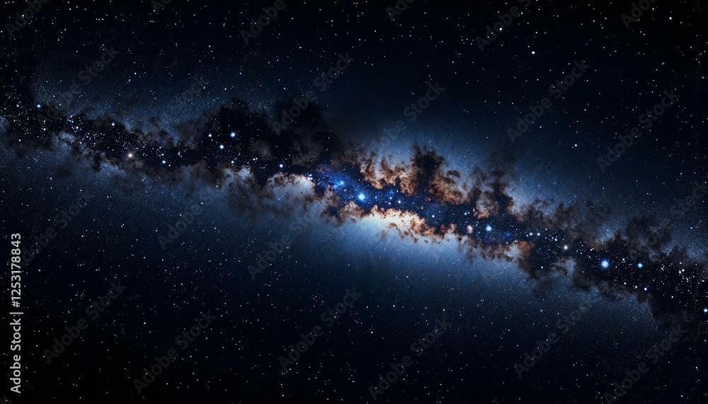 Realistic portrayal of the Milky Way's bright band of stars against an infinite black background Realistic portrayal of the Milky Way's bright band of stars against an infinite black background