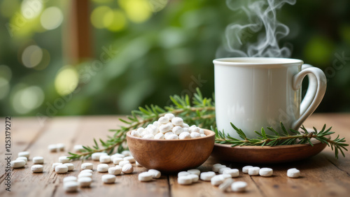 A steaming cup of coffee with a wooden bowl filled with white magnesium glycinate tablets and sprigs of greenery on a rustic table.