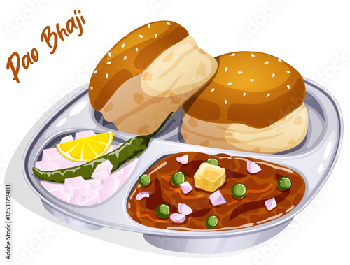 Traditional Pao Bhaji Lunch Tray. Buns with Spicy Vegetable Curry, Chopped Onions, Green Chili and Lemon Wedge. Isolated Indian Mumbai Street Food Detailed Illustration