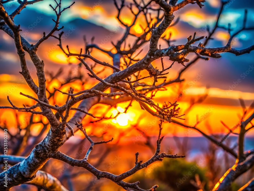 Macro Close-up of Delicate Tree Branches Silhouetted Against a Vivid Sunset Sky Macro Close-up of Delicate Tree Branches Silhouetted Against a Vivid Sunset Sky