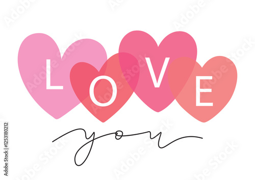 love you card with pink hearts and lettering, vector illustration isolated on white background,template vor greeting cards, poster,Valentine`s day, Mother`s day,wedding,banner,birthday