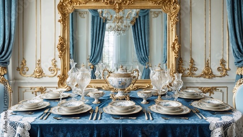 A grand dining table adorned with fine china, crystal glasses, and an opulent blue and gold decor. A regal, high-class dining setup fit for elegant celebrations and luxury events photo