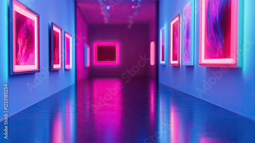 Neon-lit gallery hallway; abstract artwork displayed.