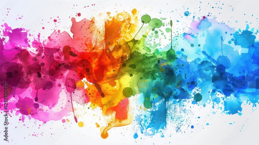Rainbow paint splatters, abstract art, white background, design element Rainbow paint splatters, abstract art, white background, design element