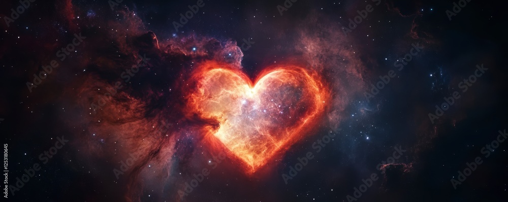 Obraz premium Heart-shaped nebula in deep space with glowing red and blue cosmic clouds surrounded by stars