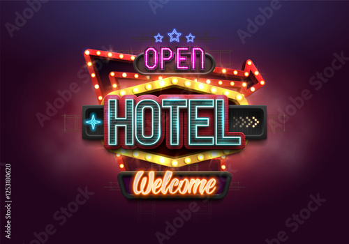 Shining retro neon sign Hotel with an arrow. Vintage billboard with neon lights. Vector illustration.
