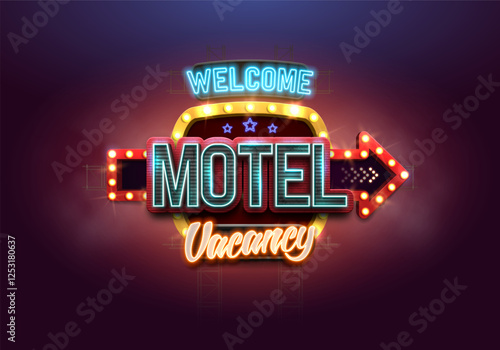 Shining retro neon sign Motel with an arrow. Vintage billboard with neon lights. Vector illustration.