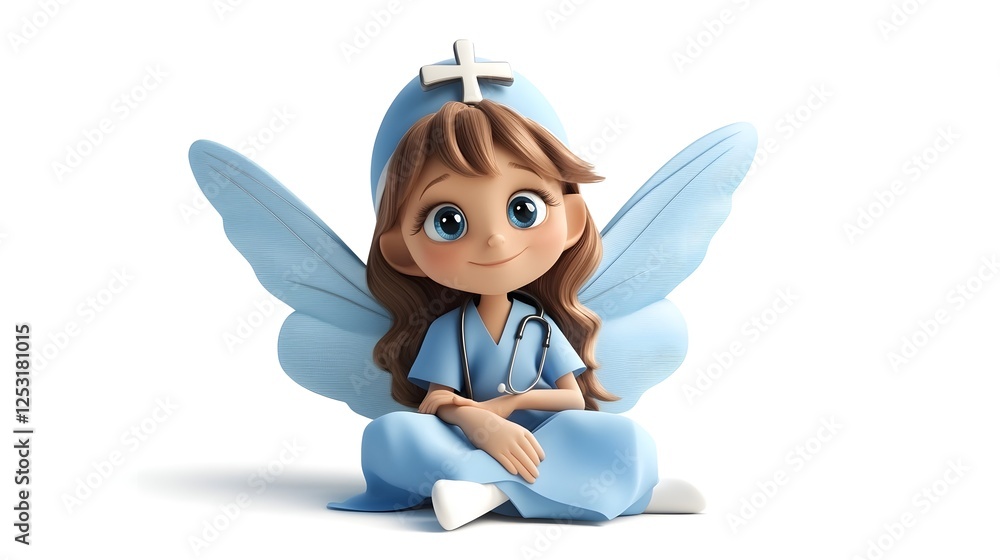 Whimsical Fairy Girl Sitting in Meadow with Blue Wings and Flowers Whimsical Fairy Girl Sitting in Meadow with Blue Wings and Flowers
