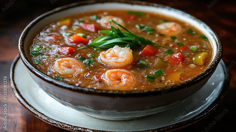 Hot shrimp soup with vegetables in bowl on wooden table Hot shrimp soup with vegetables in bowl on wooden table