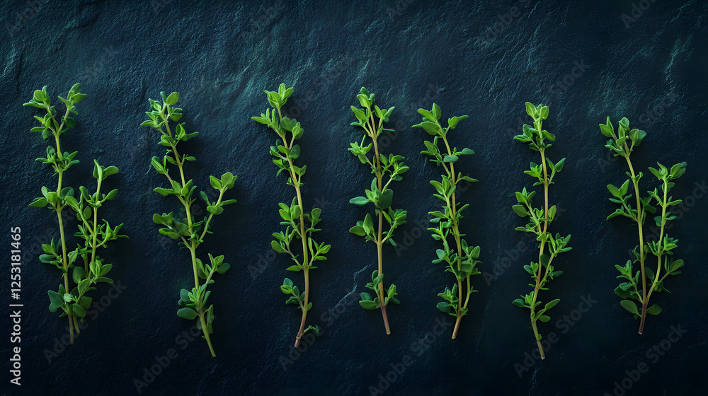 A close-up of thyme leaves with intricate details and vivid green color, arranged neatly on a dark matte background. A close-up of thyme leaves with intricate details and vivid green color, arranged neatly on a dark matte background.