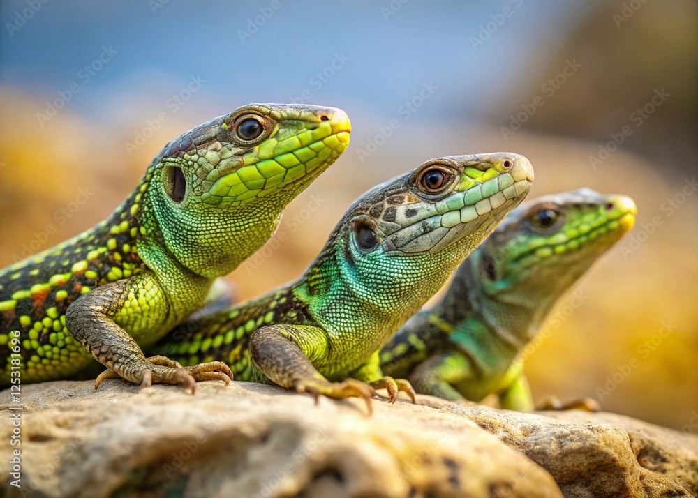 Three Italian Wall Lizards Basking on Ancient Stone - Minimalist Nature Photography Three Italian Wall Lizards Basking on Ancient Stone - Minimalist Nature Photography