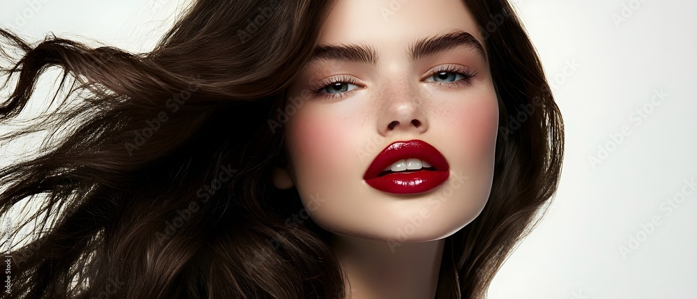 Extremely beautiful brunette with flawless skin and red lips, hair care advertisement, beauty campaign, generative AI Extremely beautiful brunette with flawless skin and red lips, hair care advertisement, beauty campaign, generative AI