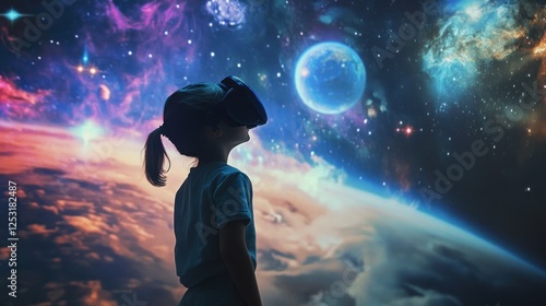 Girl exploring space with VR headset.