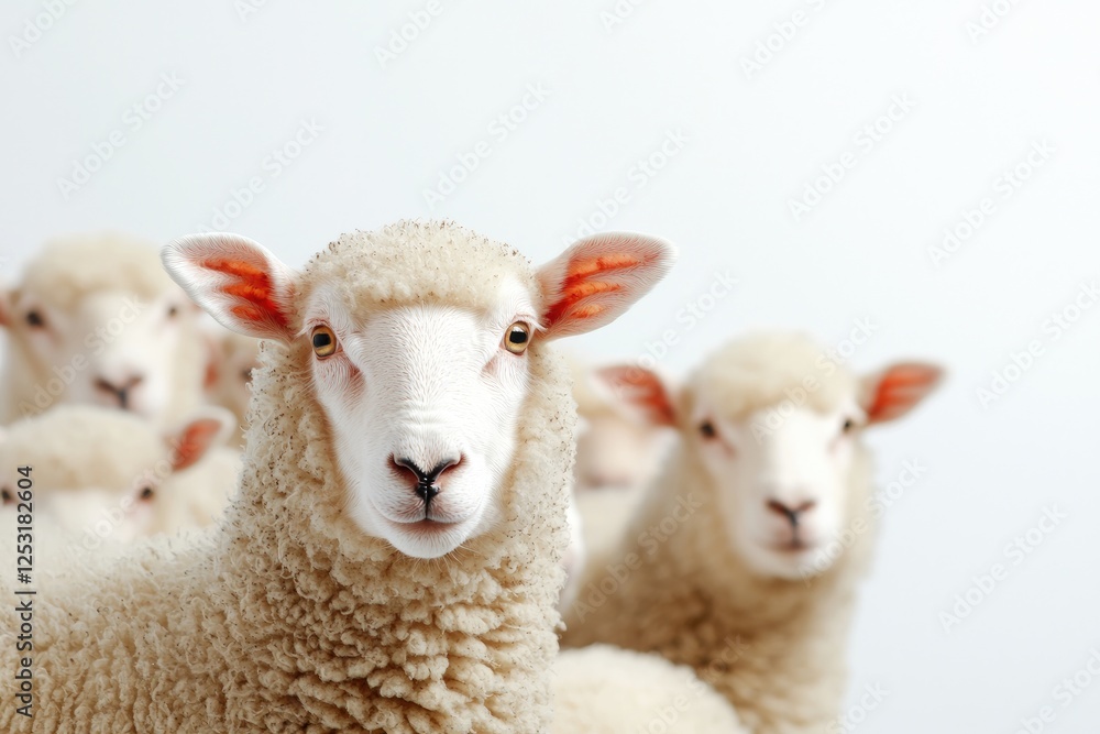 Obraz premium Group of adorable fluffy sheep with soft wool and curious expressions against a light background, creating a serene and peaceful farm animal scene