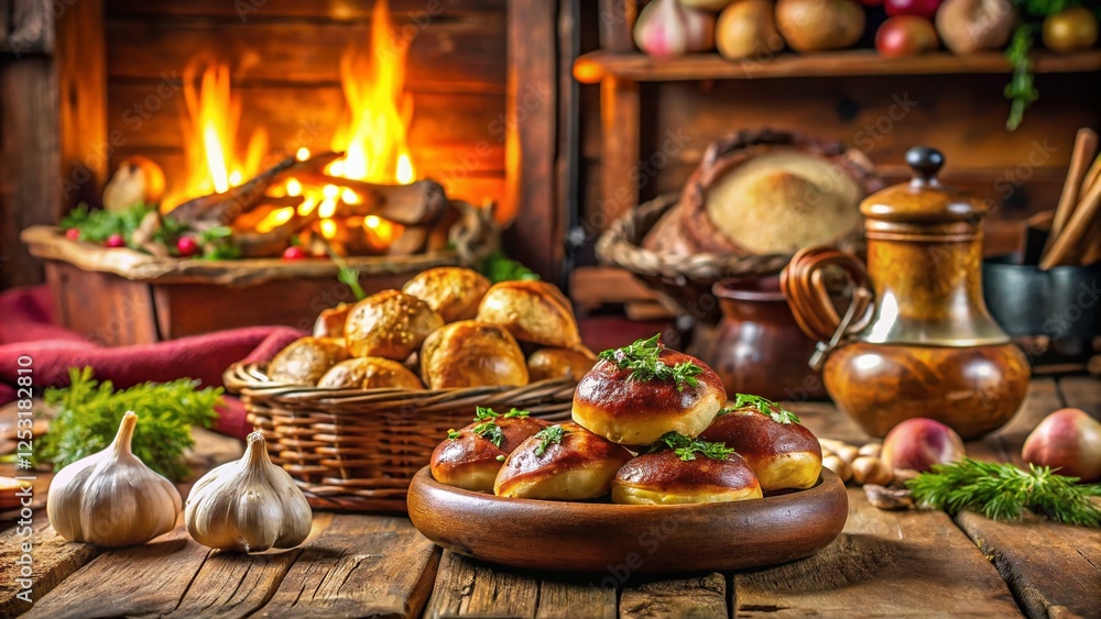 Fototapeta premium Tilt-Shift Photo: Ukrainian/Russian Traditional Feast with Garlic Buns & Fried Potatoes