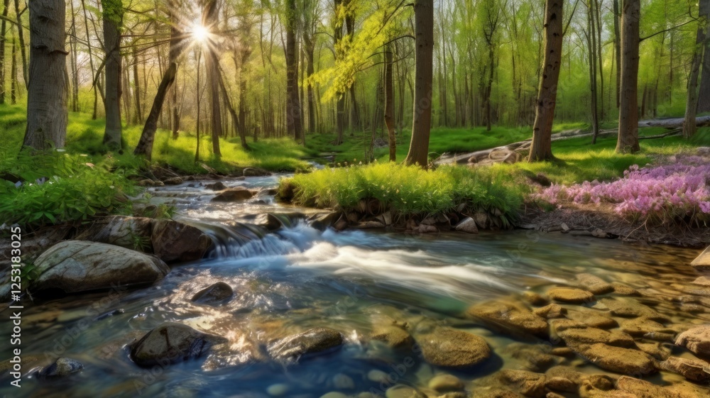 Fototapeta premium Spring forest with blossoming trees, sunbeams breaking through the foliage, a stream with clear water, bright flowers in a clearing.