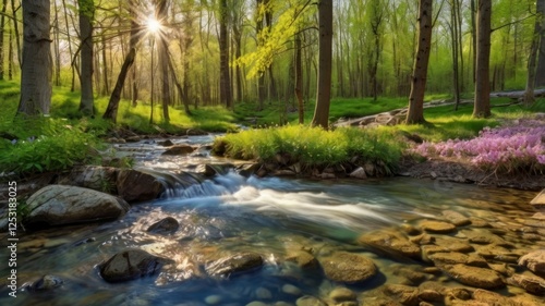 Spring forest with blossoming trees, sunbeams breaking through the foliage, a stream with clear water, bright flowers in a clearing.