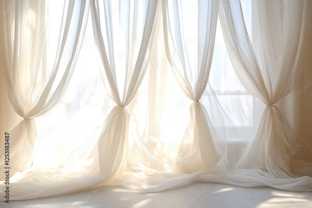 Cream sheer curtains, sunlight streaming through. Perfect for backgrounds, adding airy feel to designs. Cream sheer curtains, sunlight streaming through. Perfect for backgrounds, adding airy feel to designs.